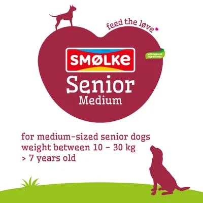 SMØLKE Senior Medium, with natural ingredients, for medium-sized senior dogs, weight 10–30 kg, over 7 years old, feed the love.