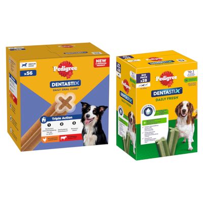 Pedigree Dentastix Big Pack x56, cuidado dentário diário para cães 5-10kg, Nº1 dos veterinários, fórmula melhorada, reduz formação de tártaro, tripla ação.