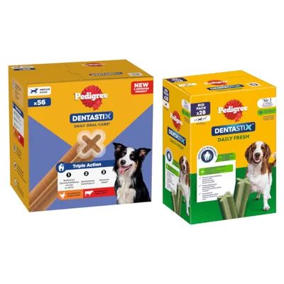 Πακέτο Προσφοράς: 168 τμχ. Pedigree DentaStix Daily Oral Care / Fresh - Dentastix x 112 + Dentastix Fresh x 56 - για σκύλους μεσαίου μεγέθους (10-25 kg) Πακέτο Προσφοράς: 168 τμχ. Pedigree DentaStix Daily Oral Care / Fresh - Dentastix x 112 + Dentastix Fresh x 56 - για σκύλους μεσαίου μεγέθους (10-25 kg)
