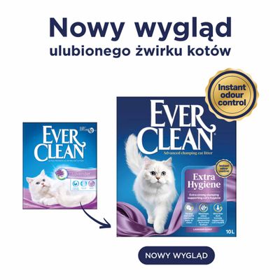 Ever Clean Extra Hygiene żwirek dla kotów, nowy design opakowania, natychmiastowa kontrola zapachów, zapach lawendy, 10 l. Porównanie starego i nowego designu.