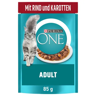 Purina ONE Adult, mit Rind und Karotten, 85 g Beutel. Abbildung einer Katze und eines Tellers mit Futterstücken.