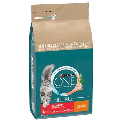 Purina ONE Bifensis Sterilcat, πλούσιο σε κοτόπουλο ως κύριο συστατικό, 5,7kg. Νέα ανακυκλώσιμη συσκευασία, διατηρεί ποιότητα και γεύση. Για στειρωμένες γάτες με προστασία μικροβιώματος εντέρου.