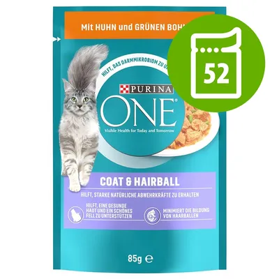 Pachet Purina ONE Coat & Hairball pentru pisici, 85g. Text vizibil: COAT & HAIRBALL, 52 pe fundal verde, cu imagine de pisică și bol cu hrană. Informații suplimentare în germană.