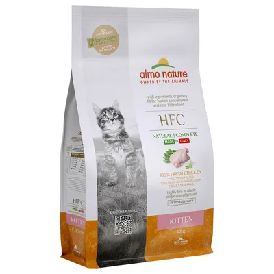 Almo Nature HFC Kitten, 1,2 kg. Valmistettu Italiassa, 100 % tuoretta kanaa, hyvin imeytyvä yksittäisproteiini, sopii ensimmäiseen elämänvaiheeseen. Tukee Fondazione-projekteja.