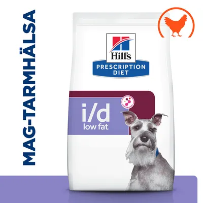 Hill's Prescription Diet i/d low fat hundfoder, mag-tarmhälsa, bild på schnauzer och orange kycklingsymbol synliga på förpackningen.
