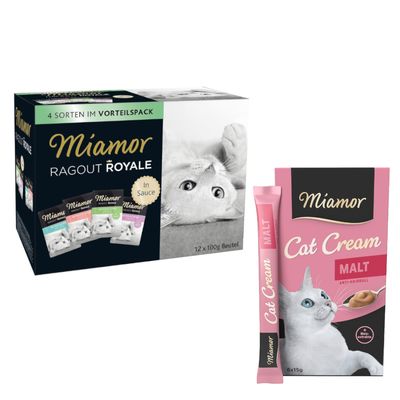 Miamor Mixpaket: 12 x 100 g Ragout Royale + 12 x 15 g Cat Snack Malt-Cream Ragout Royale Mix in Soße + Snack Malt-Cream