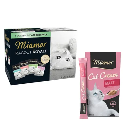 Miamor Mixpaket: 12 x 100 g Ragout Royale + 12 x 15 g Cat Snack Malt-Cream - Ragout Royale Mix in Soße + Snack Malt-Cream Miamor Mixpaket: 12 x 100 g Ragout Royale + 12 x 15 g Cat Snack Malt-Cream - Ragout Royale Mix in Soße + Snack Malt-Cream