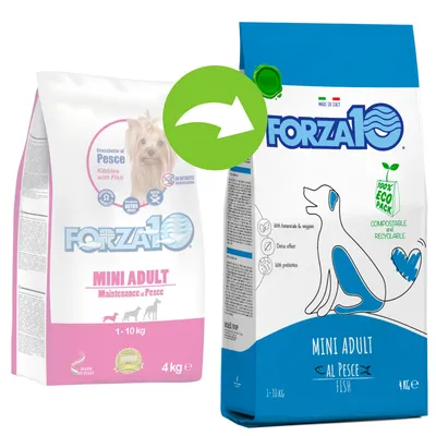 Două ambalaje Forza10 Mini Adult cu pește, 4 kg, pentru câini 1–10 kg. Un pachet vechi și unul nou, cu mențiunea „100% eco pack compostabil și reciclabil” vizibil pe ambalajul nou. Două ambalaje Forza10 Mini Adult cu pește, 4 kg, pentru câini 1–10 kg. Un pachet vechi și unul nou, cu mențiunea „100% eco pack compostabil și reciclabil” vizibil pe ambalajul nou.