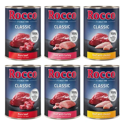 Rocco Classic консервирана храна, видове: Pure beef, Beef with turkey, Beef with chicken. 100% пресни съставки, без зърнени храни, 400g консерви.