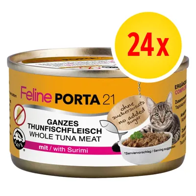 Feline Porta 21 Whole Tuna Meat with Surimi -kissanruoka, 24x. Teksti: ohne zuckerzusatz no added sugar. Kuvassa kissanruokapurkki ja annoskuva, kissa vieressä.