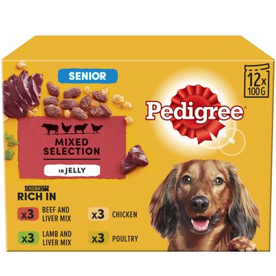 Senior mixed selection in jelly, 12 x 100g. Contains 3 beef and liver mix, 3 lamb and liver mix, 3 chicken, 3 poultry. Chunks rich in meat varieties.