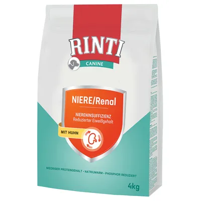 Rinti Canine NIERE/Renal, Niereninsuffizienz, Reduzierter Eiweißgehalt, mit Huhn, 4 kg. Texte en allemand visibles sur l’emballage.