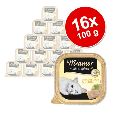Lot de 16 barquettes Miamor Milde Mahlzeit, Geflügel pur & Huhn, 100 g chacune. Texte visible : 'helle Filetstücke ohne Innereien'. Image d’un chat et morceaux de viande sur l’emballage.