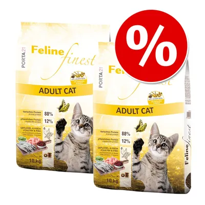 Porta21 Feline Finest Adult Cat, 10 kg, med 88 % animaliskt protein och 12 % vegetabiliskt protein. Fågel och fisk med värdefulla örter. Rabattmärke synligt.