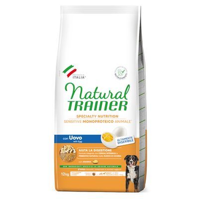 Zak Natural Trainer hondenvoer, Specialty Nutrition Sensitive Monoproteico Animale, met ei, 12 kg. Tekst in het Italiaans en Engels zichtbaar op de verpakking.