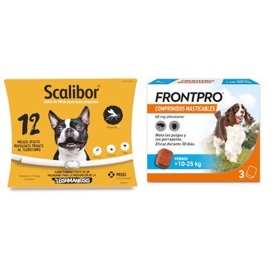 Scalibor collar de 65 cm para razas medianas y grandes, 12 meses efecto repelente frente al flebotomo. Frontpro comprimidos masticables 68 mg afoxolaner, perros >10–25 kg, 3 unidades, oferta % visible.