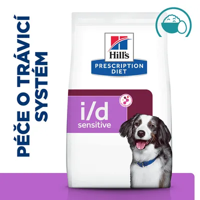 Hill's Prescription Diet i/d sensitive, péče o trávicí systém, balení s obrázkem psa a miskou jídla v pravém rohu. Viditelný text: 'PÉČE O TRÁVICÍ SYSTÉM'.
