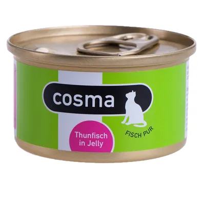 Boîte de nourriture pour chat cosma, texte visible : Thunfisch in Jelly, FISCH PUR. Étiquette verte avec silhouette de chat blanc.