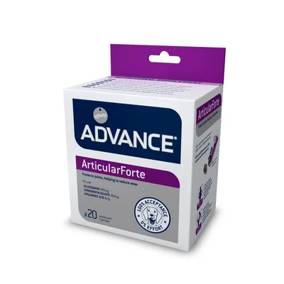 ADVANCE ArticularForte, 20 annospussia. Glukosamiini 495 mg, kondroitiinisulfaatti 350 mg, hyaluronihappo 8 mg. 100 % acceptance 0 % effort -merkintä pakkauksessa.