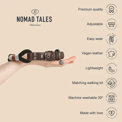 Nomad Tales München brown collar shown on hand, visible text: Premium quality, Adjustable, Easy wear, Vegan leather, Lightweight, Matching walking kit, Machine washable 30°, Made with love.
