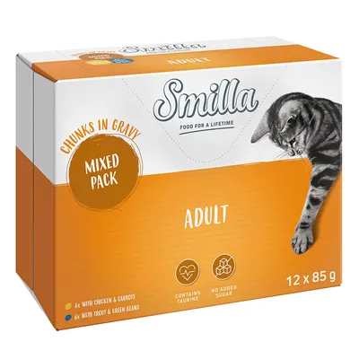 Smilla Adult Mixed Pack, trozos en salsa. 12 x 85g: 6x pollo y zanahorias, 6x trucha y judías verdes. Contiene taurina, sin azúcares añadidos.