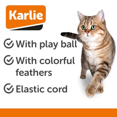 Karlie hračka pre mačky s dvoma variantmi: loptička s leopardím vzorom a perím a sivá myš s červenými detailmi a chvostom z peria, obe pripevnené na čiernej rukoväti.