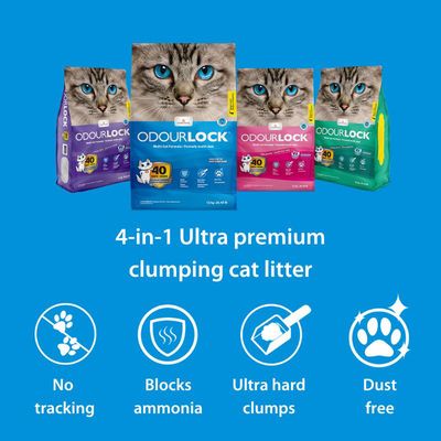 ODORLOCK kattenbakvulling, 4-in-1 Ultra premium clumping cat litter. Tekst: No tracking, Blocks ammonia, Ultra hard clumps, Dust free. Verpakking in blauw, paars, roze en groen.