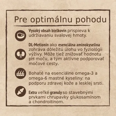 Pre optimálnu pohodu: vysoký obsah bielkovín, DL-metionín, esenciálne omega-3 a omega-6 mastné kyseliny, extra veľké granuly s glukosamínom a chondroitínom.