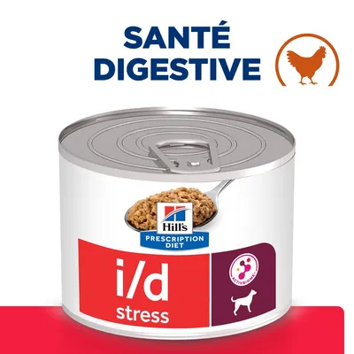 Hill's Prescription Diet i/d stress pour chien, boîte avec mention 'santé digestive', logo poulet et ActivBiome visibles sur l'emballage.