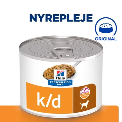 Hill's Prescription Diet k/d dåse med tekst 'NYREPLEJE', 'ORIGINAL' og 'ACTIVBIOME+ KIDNEY DEFENSE'. Billede af foder på ske, katteikon synligt.
