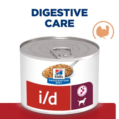 Hill's Prescription Diet i/d Digestive Care tinned dog food, ACTIVBIOME+ symbol, turkey icon, visible text: DIGESTIVE CARE, can with pull tab and spoonful of food shown