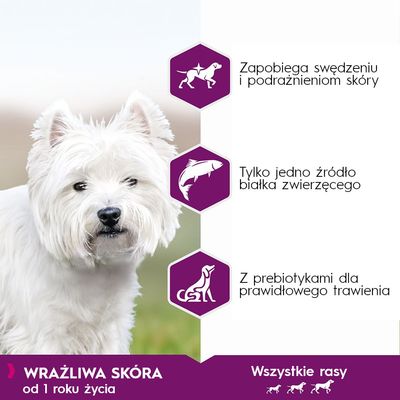 Zapobiega swędzeniu i podrażnieniom skóry, tylko jedno źródło białka zwierzęcego, z prebiotykami dla prawidłowego trawienia. Wrażliwa skóra od 1 roku życia, wszystkie rasy.