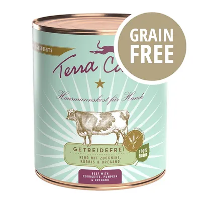 Terra Canis Hausmannskost für Hunde, getreidefrei, manzo con zucchine, zucca e origano. Testo visibile: GRAIN FREE, 100% Natur, beef with courgette, pumpkin & oregano.