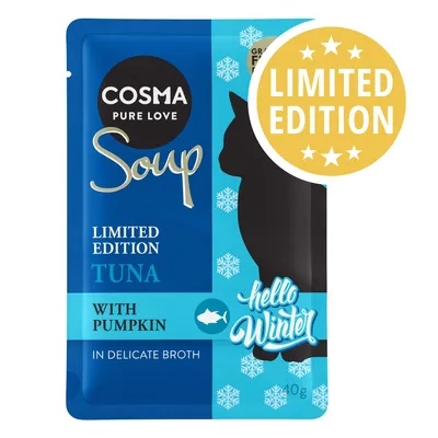 Cosma Pure Love Soup Limited Edition Tuna with Pumpkin in Delicate Broth, hello winter, 40 g. Etichetta gialla: LIMITED EDITION.