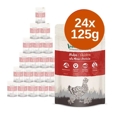 Venandi Premium Katzenfutter Huhn/Chicken als Mono-Protein, 24 x 125 g csomagolás, látható ikonok: természetes, regionális összetevők, sok hús, gabonamentes. Venandi Premium Katzenfutter Huhn/Chicken als Mono-Protein, 24 x 125 g csomagolás, látható ikonok: természetes, regionális összetevők, sok hús, gabonamentes.
