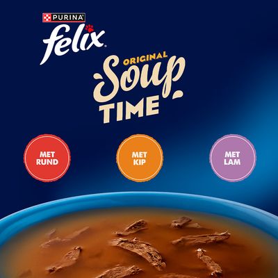 Purina Felix Original Soup Time. Varianten: met rund, met kip, met lam.