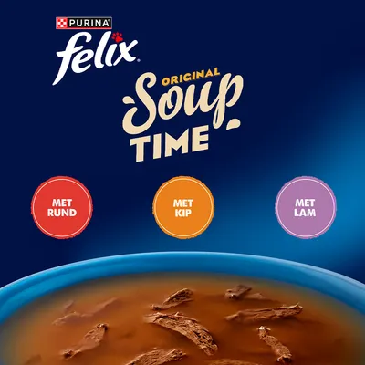Purina Felix Original Soup Time. Varianten: met rund, met kip, met lam. Purina Felix Original Soup Time. Varianten: met rund, met kip, met lam.