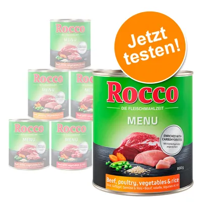 Rocco Menü, mesni obrok. Okusi: govedina, perad, povrće i riža. Obogaćeno ugljikohidratima. Limenka 800g.