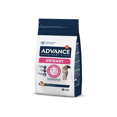 Advance Veterinary Diets Urinary, karma dla kotów, 1,5 kg. Widoczny napis: helps reduce risk of struvite crystal formation, z kurczakiem, zdjęcie kota na opakowaniu.