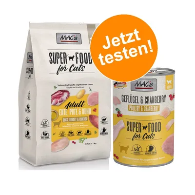 MAC´s Kombi-Paket: 12 x 400 g Nassfutter + 2 x 1,5 kg Superfood Trockenfutter   - 12 x 400 g Ente, Kaninchen, Rind + 2 x 1,5 kg Adult Ente, Pute & Huhn   
