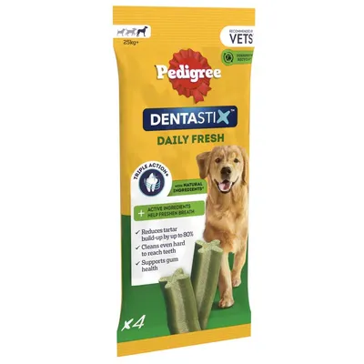 Dentastix Daily Fresh, triple action with natural ingredients. Reduces tartar by up to 80%, cleans hard to reach teeth, supports gum health. Pack contains 4 sticks. Dentastix Daily Fresh, triple action with natural ingredients. Reduces tartar by up to 80%, cleans hard to reach teeth, supports gum health. Pack contains 4 sticks.
