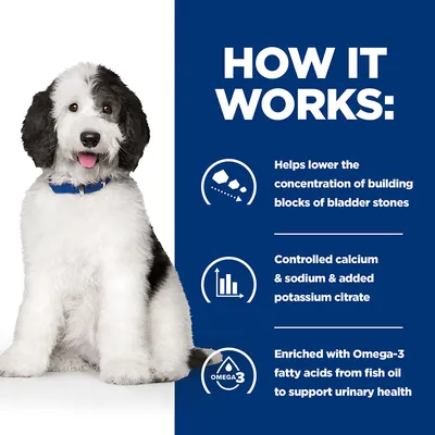 How it works: helps lower bladder stone building blocks, controlled calcium and sodium with added potassium citrate, enriched with Omega-3 from fish oil for urinary health.