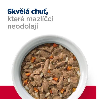 Miska s masovými kousky, mrkví a rýží. Text: Skvělá chuť, které mazlíčci neodolají.