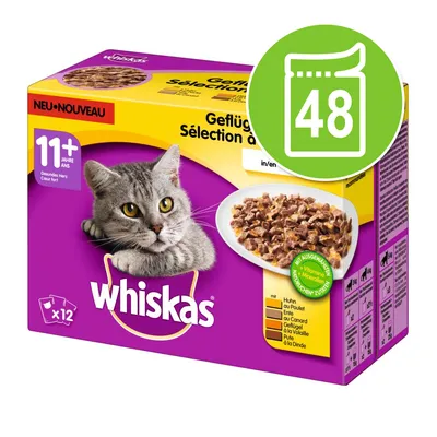 Caja de comida húmeda para gatos Whiskas 11+ años, selección de aves. Paquete con 48 sobres. Imagen de un gato gris y plato con trozos de carne en salsa. Texto en alemán y francés visible.