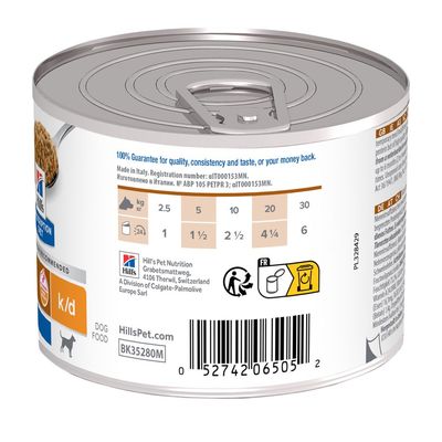 Hill's Prescription Diet k/d Dog Food tin, feeding guide by dog weight: 2.5 kg 1 can, 5 kg 1½ cans, 10 kg 2½ cans, 20 kg 4¼ cans, 30 kg 6 cans per day, barcode 052742065052