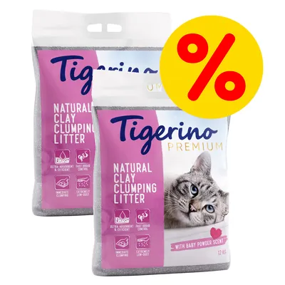 Tigerino Premium Natural Clay Clumping Litter, with baby powder scent, 12 kg. Pakkauksessa kissan kuva ja tarjousmerkki. Tekstit: ultra absorbent & efficient, fast odour control, immediate clumping, extremely low-dust.