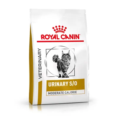 Bag labelled VETERINARY, URINARY S/O, MODERATE CALORIE with an image of a cat. Product is intended for urinary care and moderate calorie content.