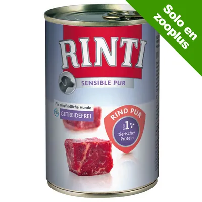 Lata de comida para perros Rinti Sensible Pur, texto visible: 'Solo en zooplus', 'GETREIDEFREI', 'RIND PUR', 'nur 1* tierisches Protein'. Imagen de carne en cubos en la etiqueta.