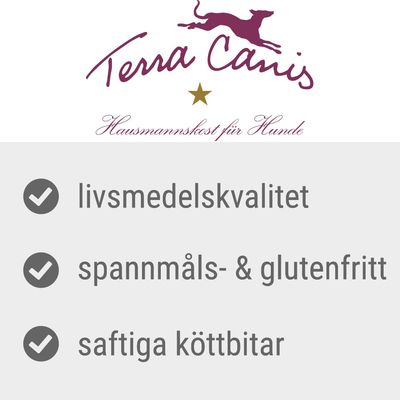 Terra Canis. Hausmannskost für Hunde. livsmedelskvalitet, spannmåls- & glutenfritt, saftiga köttbitar