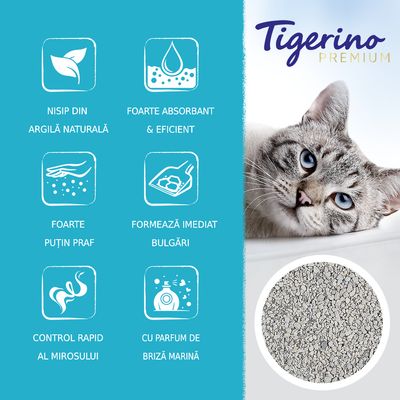 Tigerino Premium. Nisip din argilă naturală, foarte absorbant și eficient, foarte puțin praf, formează imediat bulgări, control rapid al mirosului, cu parfum de briză marină.